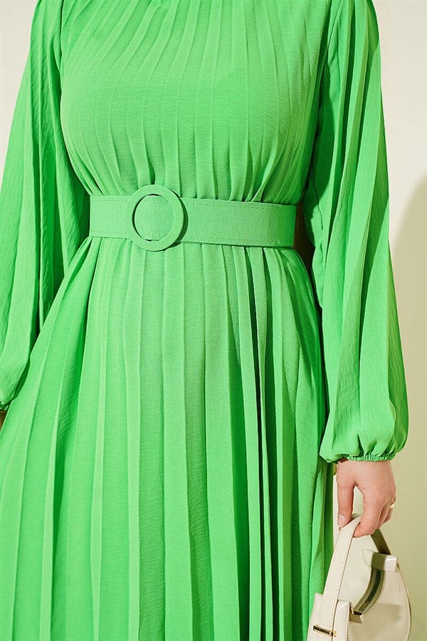 Belted Pleated Flared Dress Neon Green