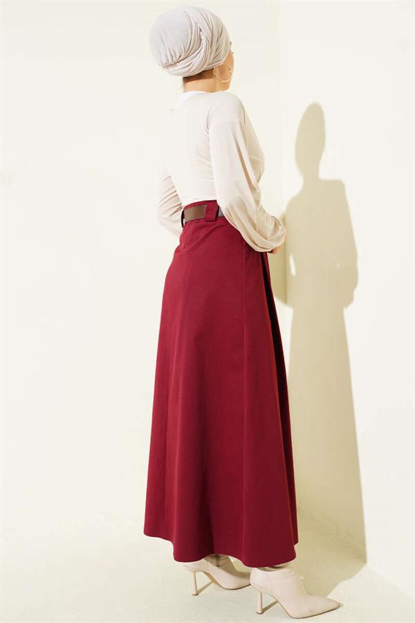 Belted Pleated Flared Skirt Burgundy