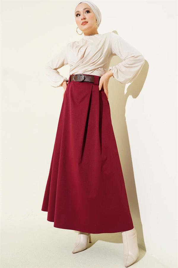 Belted Pleated Flared Skirt Burgundy