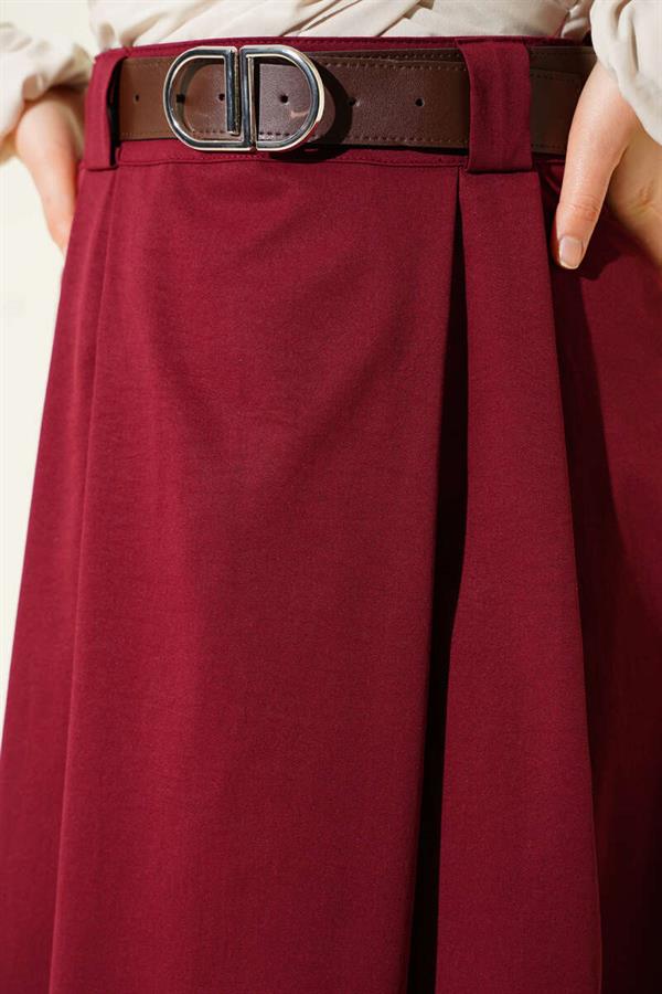 Belted Pleated Flared Skirt Burgundy