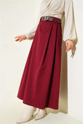 Belted Pleated Flared Skirt Burgundy