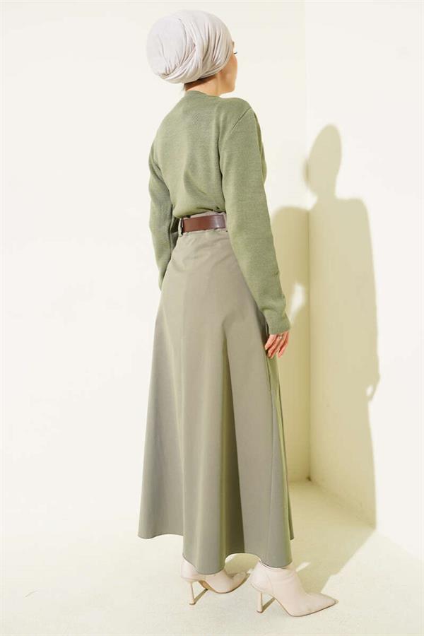 Belted Pleated Flared Skirt in Light Green