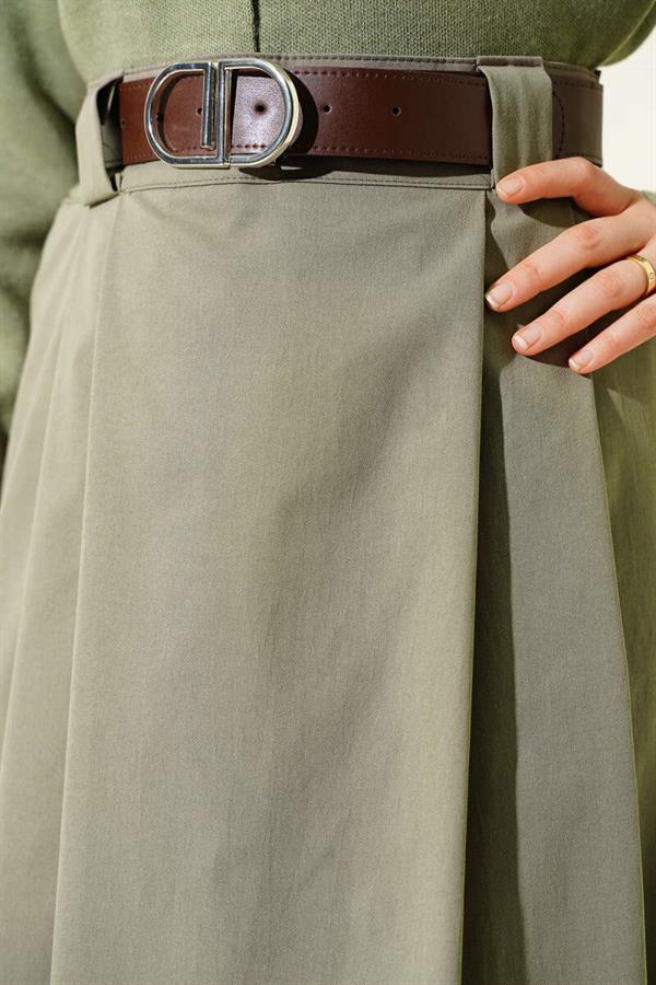 Belted Pleated Flared Skirt in Light Green
