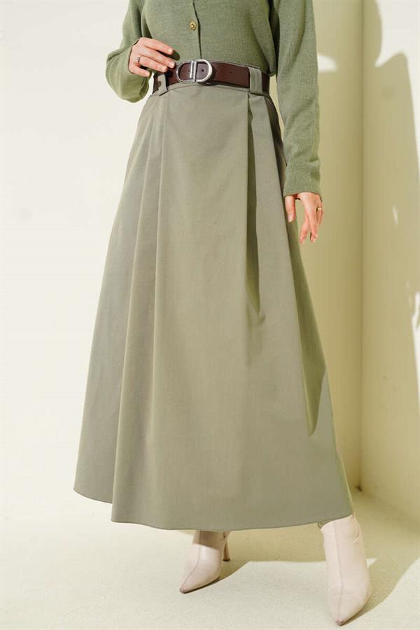 Belted Pleated Flared Skirt in Light Green