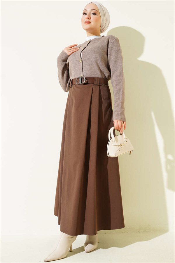 Belted Pleated Flared Skirt, Brown