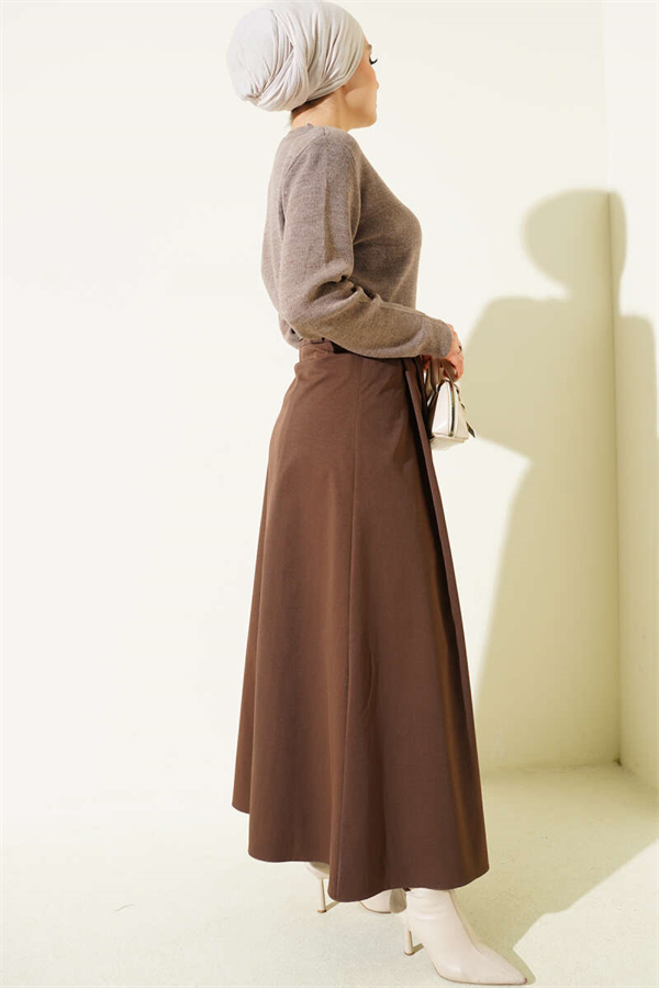 Belted Pleated Flared Skirt, Brown