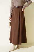 Belted Pleated Flared Skirt, Brown