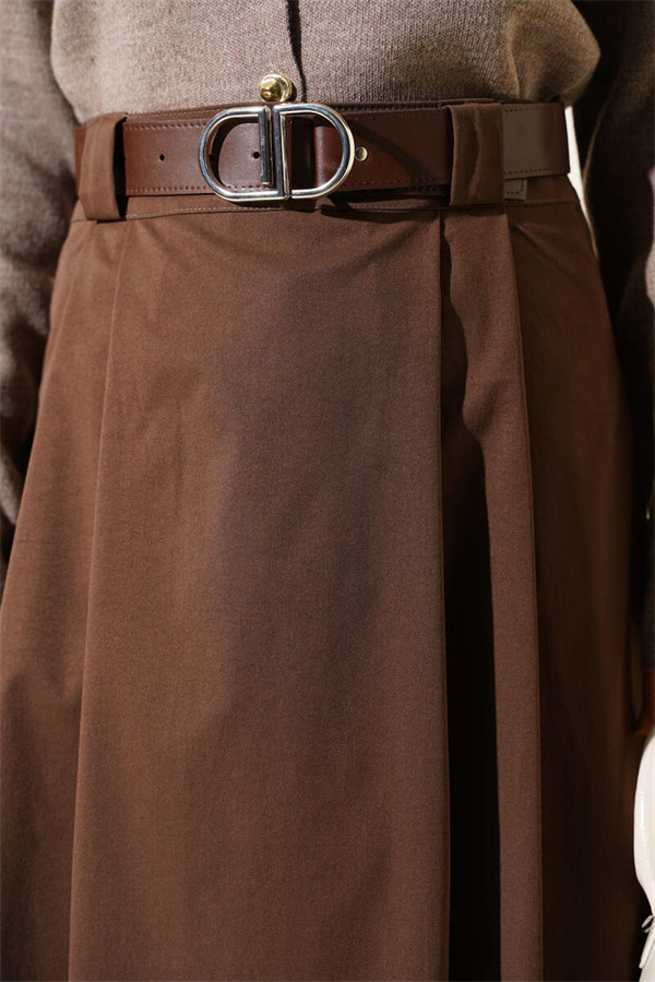 Belted Pleated Flared Skirt, Brown