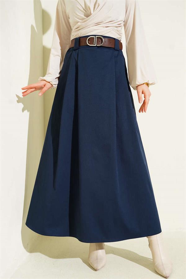 Belted Pleated Flared Skirt Navy Blue