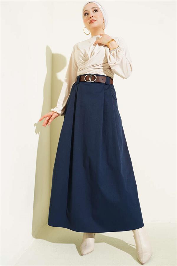 Belted Pleated Flared Skirt Navy Blue