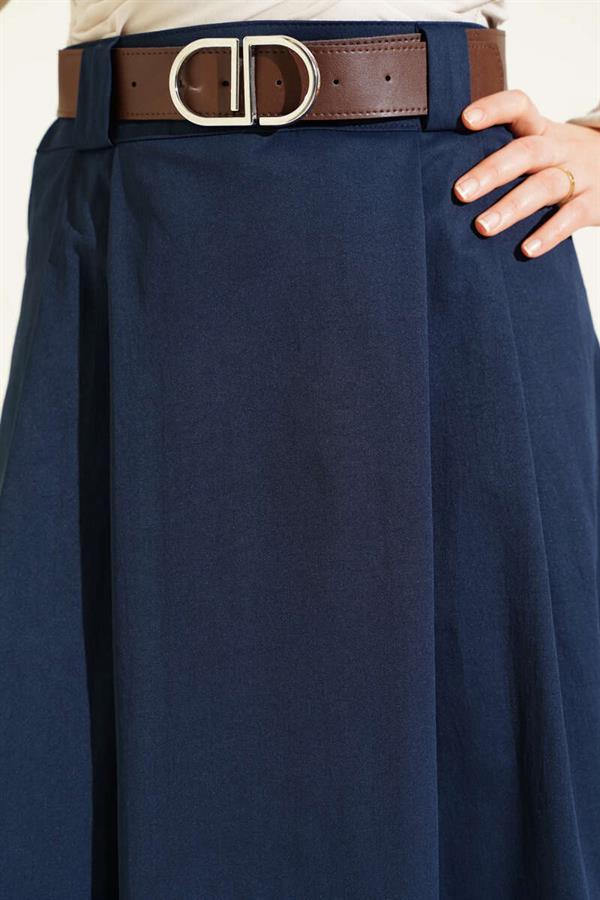 Belted Pleated Flared Skirt Navy Blue
