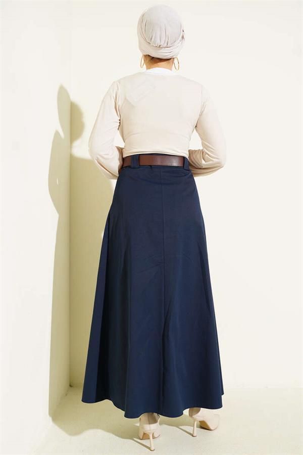 Belted Pleated Flared Skirt Navy Blue