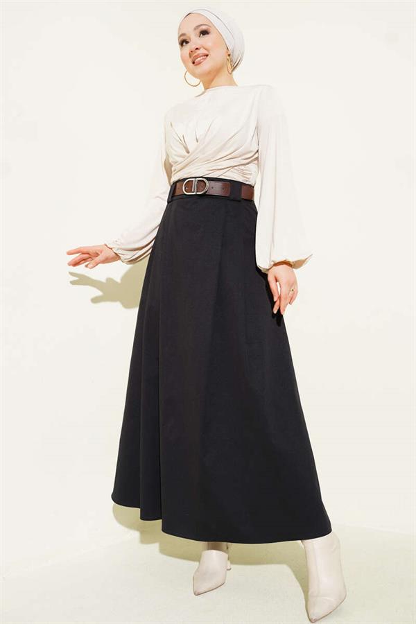 Belted Pleated Flared Skirt Black