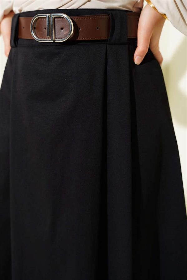 Belted Pleated Flared Skirt Black