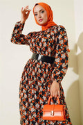 Belted Pleated Chiffon Dress Orange