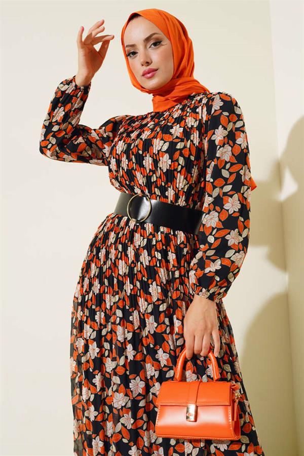 Belted Pleated Chiffon Dress Orange