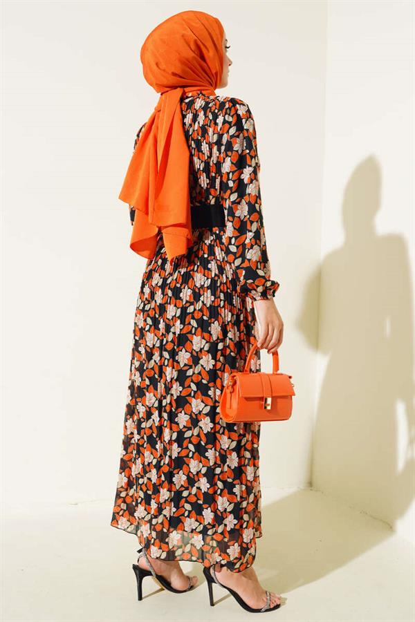 Belted Pleated Chiffon Dress Orange