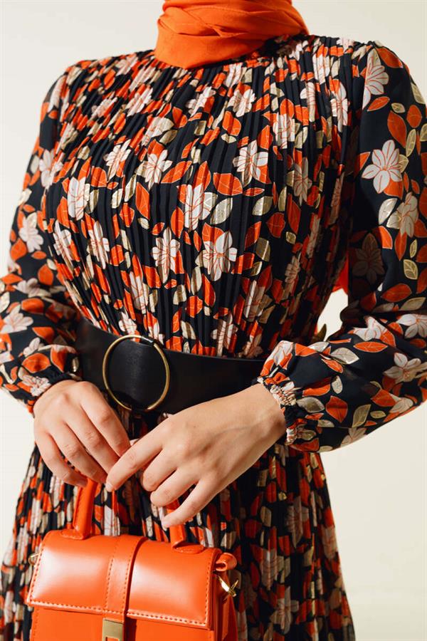 Belted Pleated Chiffon Dress Orange