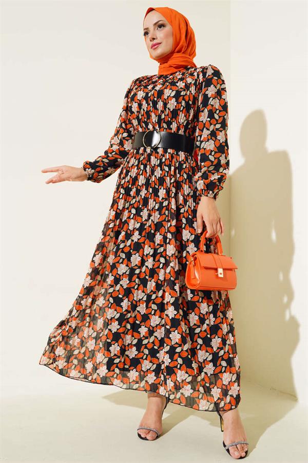 Belted Pleated Chiffon Dress Orange