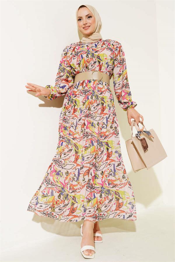 Belted Pleated Chiffon Dress Powder