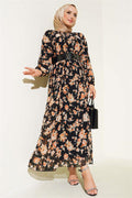 Belted Pleated Chiffon Dress Black