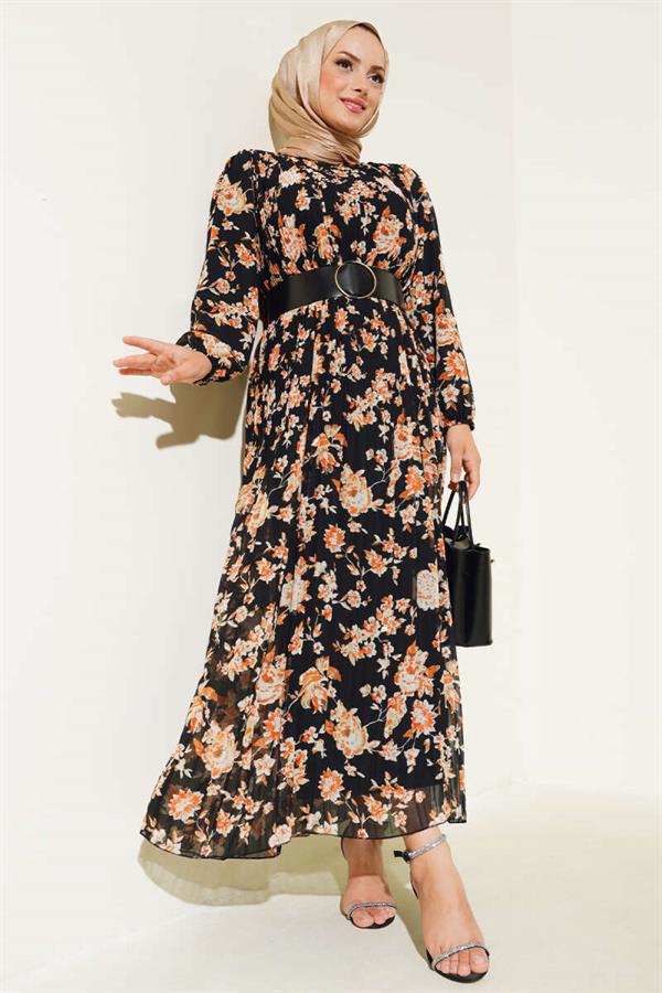 Belted Pleated Chiffon Dress Black