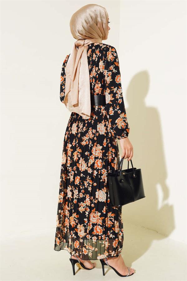 Belted Pleated Chiffon Dress Black