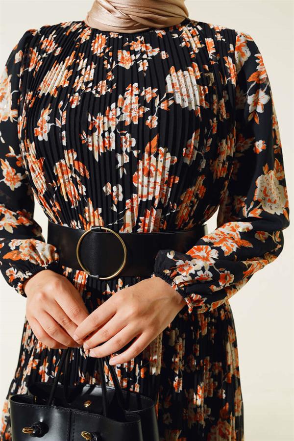 Belted Pleated Chiffon Dress Black
