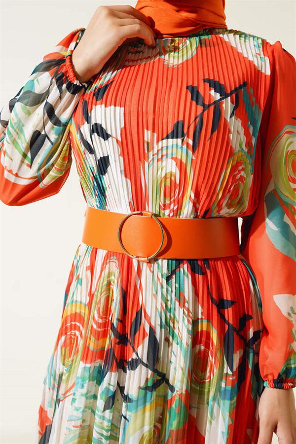 Belted Pleated Chiffon Dress Orange