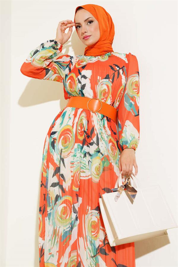 Belted Pleated Chiffon Dress Orange