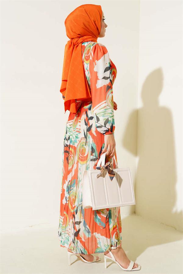 Belted Pleated Chiffon Dress Orange