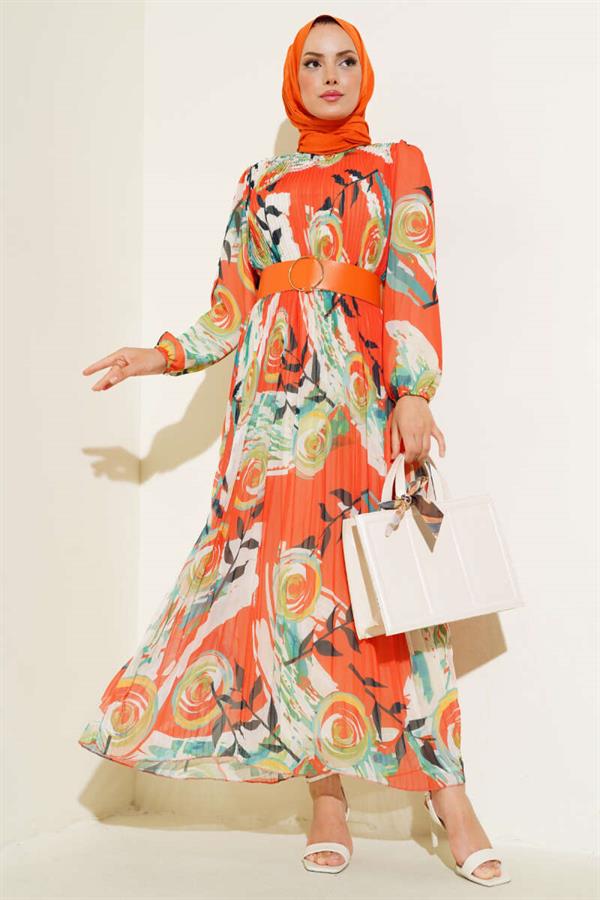 Belted Pleated Chiffon Dress Orange