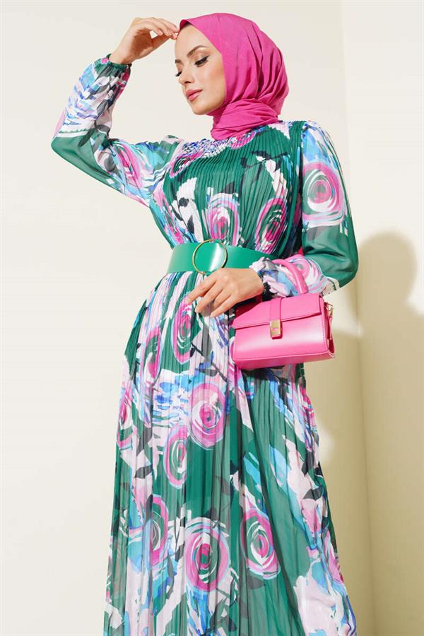 Belted Pleated Chiffon Dress Green