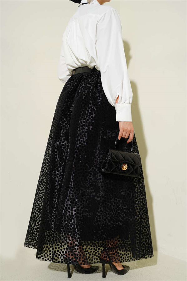 Belted Polka Dot Organza Skirt, Black