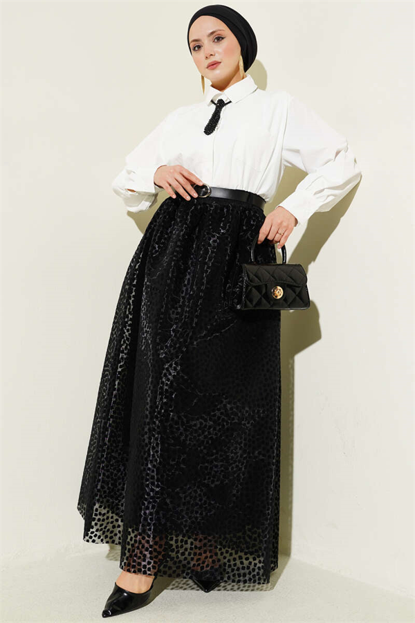 Belted Polka Dot Organza Skirt, Black
