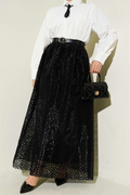 Belted Polka Dot Organza Skirt, Black