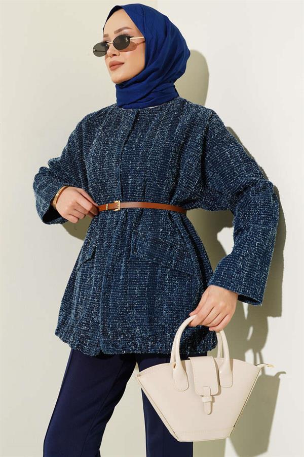 Belted Bearded Denim Jacket Navy Blue