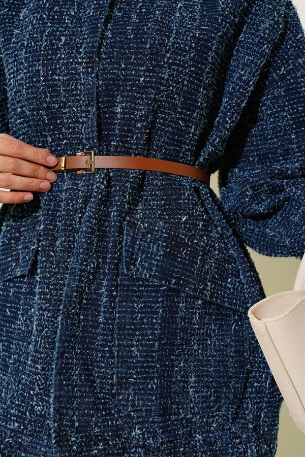 Belted Bearded Denim Jacket Navy Blue