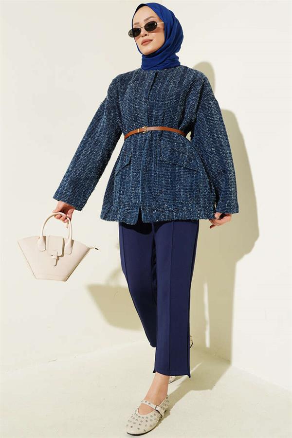 Belted Bearded Denim Jacket Navy Blue