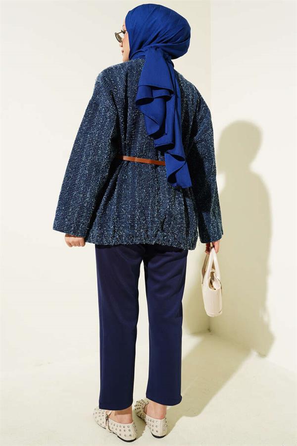 Belted Bearded Denim Jacket Navy Blue