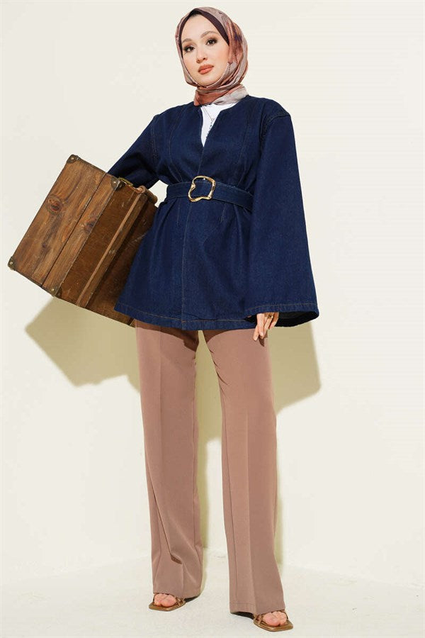 Loose-fitting denim blue jacket with belt.