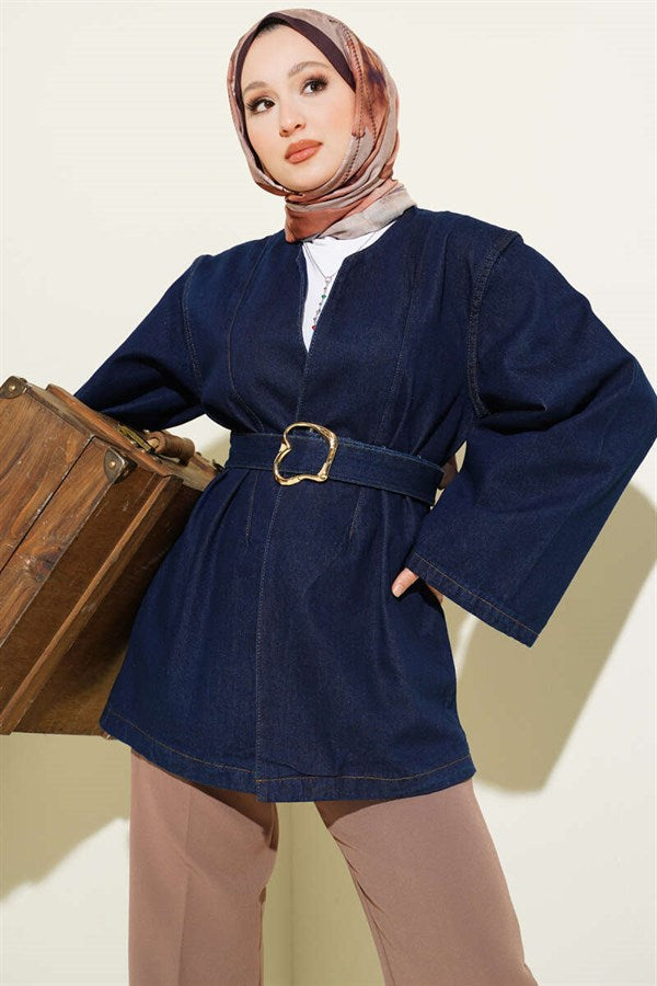 Loose-fitting denim blue jacket with belt.
