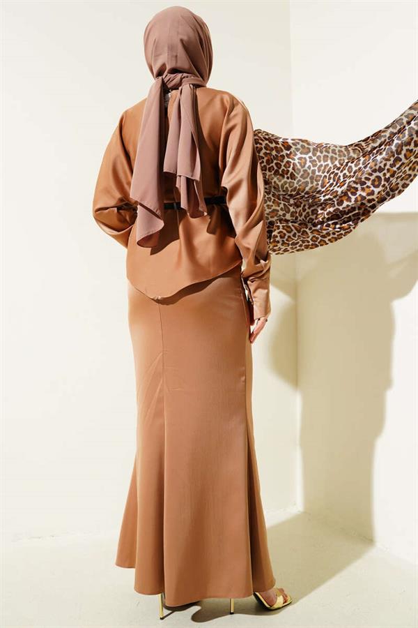 Belted Satin Pencil Skirt 2 Piece Set Latte