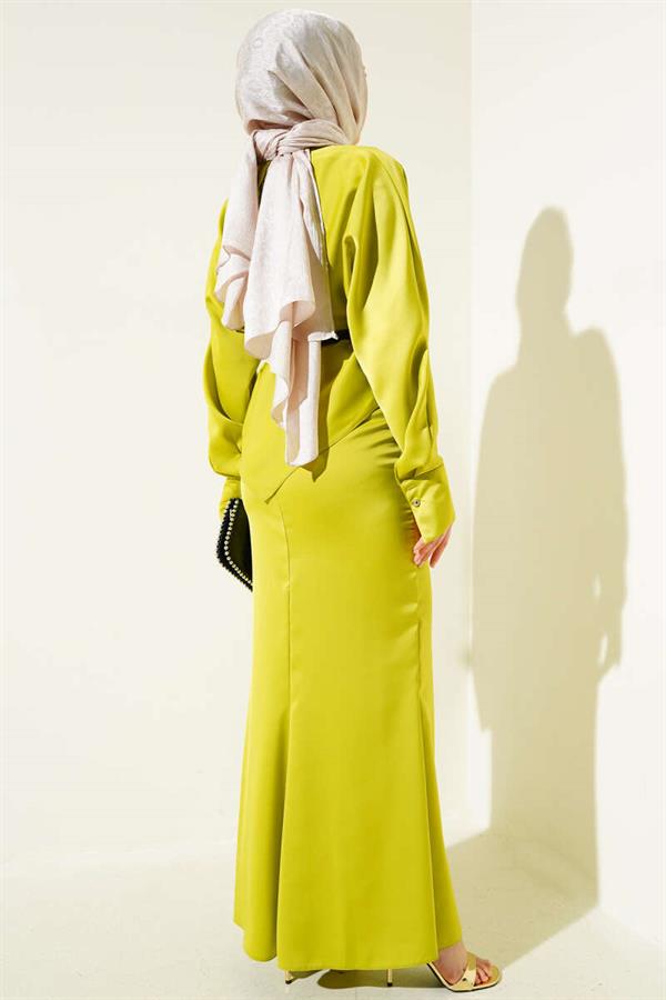 Belted Satin Pencil Skirt 2 Piece Set Oil Green