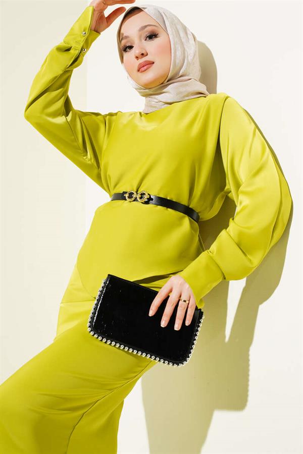 Belted Satin Pencil Skirt 2 Piece Set Oil Green