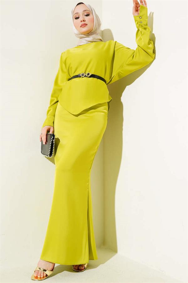 Belted Satin Pencil Skirt 2 Piece Set Oil Green