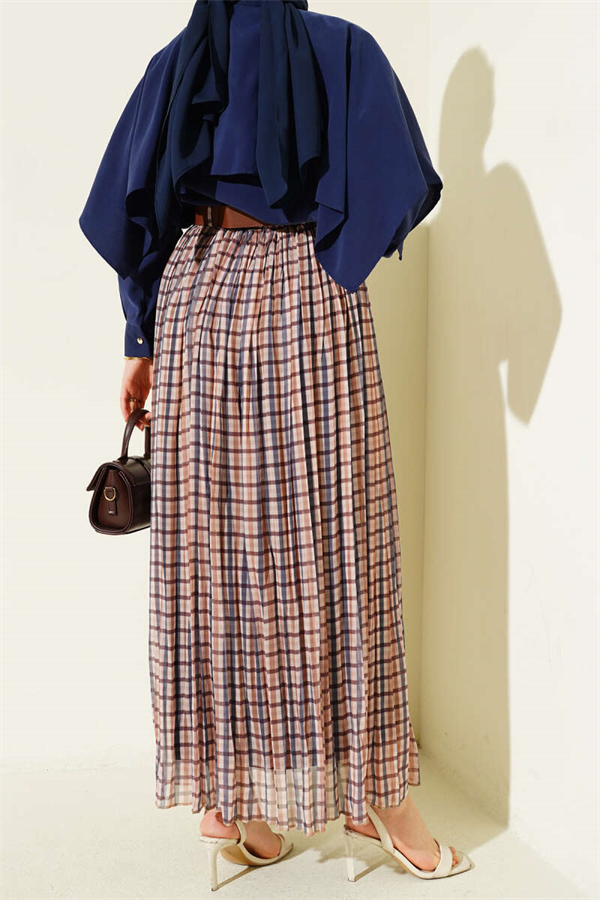 Belted, tightly pleated plaid skirt, beige.
