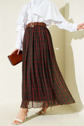 Belted, tightly pleated plaid skirt, brown.
