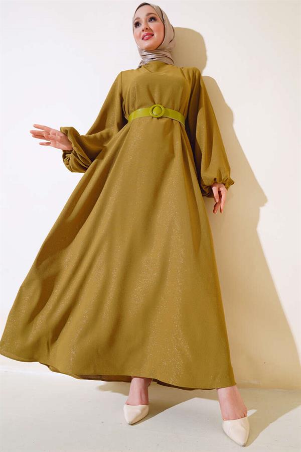 Belted Glitter Dress Oil Green