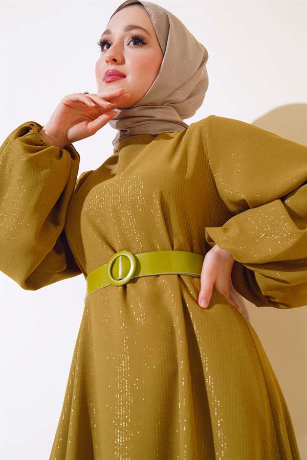 Belted Glitter Dress Oil Green